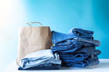 Holding shopping bag with stack jeans in shop, store and supermarket.