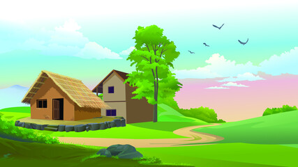 Obraz na płótnie Canvas Indian village with blue sky and old farmer house. village vibe