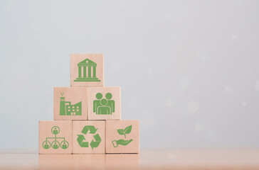 ESG concept of environmental, social and governance. Sustainable and ethical business. "ESG" surrounding with ESG icon on beautiful white background. Copy space