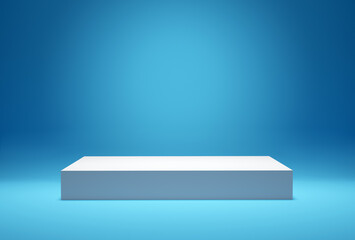 Blank white platform or pedestal against blue background for product display.
