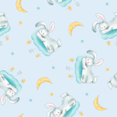 Seamless pattern with sleeping baby bunny rabbit on cloud and rainbows, stars. Illustration.