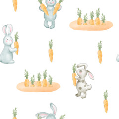 Seamless pattern with hand drawn rabbits and carrots. Illustration.