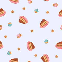 Seamless pattern with cake, cupcake. Illustration.