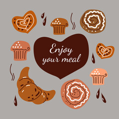 Set menu bakery dessert products doodle sketch hand drawn style, cupcake, croissant, bun, vector elements for menu, banner.