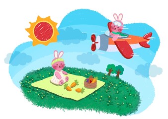 Obraz na płótnie Canvas cartoon cute little bunny comes to picnic and fly a plane in bright atmosphere