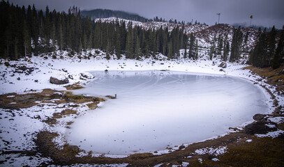 Lake Karersee in the Dolomites on a winters day - travel photography