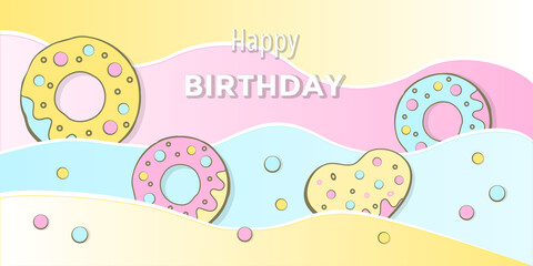 Happy Birthday card. Donuts on the pastel horizontal background. Vector illustration