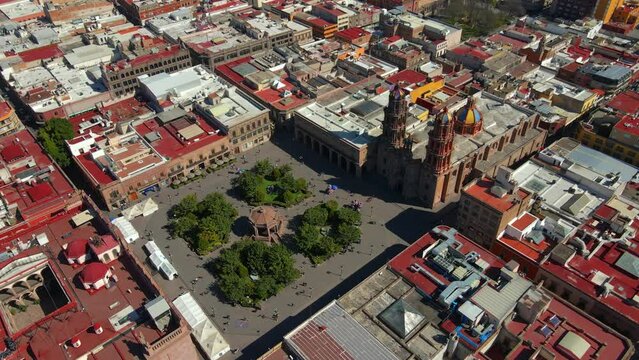 Mexico, San Luis Potosi, City Center, Plaza de Armas, Church, 4K Drone Shot