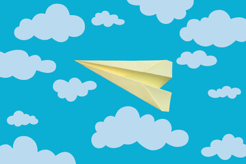 Fototapeta premium On a blue background there are clouds and one yellow paper plane, origami. Pattern, template, wallpaper.