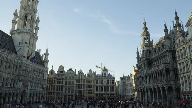 Cinematic tilt-up shot of the Grand Place in Brussels, Belgium. Tourists walking on the famous square at blue sky weather day