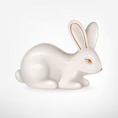 Figure of white ceramic Rabbit isolated on a white background. Vector realistic 3D illustration of decorative Bunny. Rabbit is a symbol of the 2023 Chinese New Year