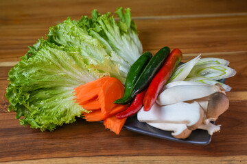 Fresh vegetables, green pepper, red pepper, carrot and mushroom for Korean beef barbecue a popular Korean food.