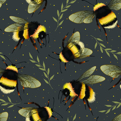 Seamless vector repeat green pattern with bumblebee and leaves. Design for card, fabric, print, greeting, cloth, poster, clothes, textile.