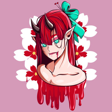 demon girl with flowers and blood vector illustration