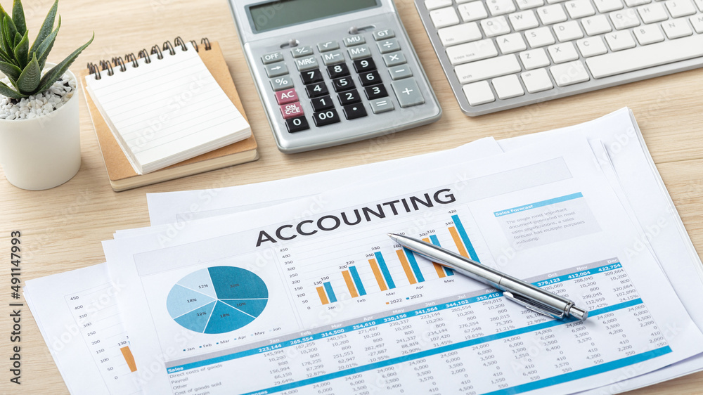 Wall mural accounting data chart document with pen on office table