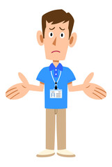 半袖のポロシャツ姿でネームタグを身に着けた男性スタッフの呆れた仕草
