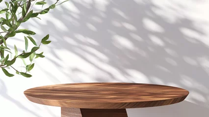 Foto op Canvas Wooden round side table with green tropical plant leaves with beautiful sun light and shadow on white wall. 3D render product display for nature, organic, spa, health, cosmetic, beauty background. © myboys.me
