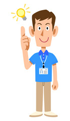 半袖のポロシャツ姿でネームタグを身に着けた男性スタッフのひらめきの表情
