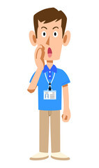 半袖のポロシャツ姿でネームタグを身に着けた男性スタッフの呼びかける仕草
