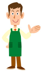 手のひらで案内するスーパーマーケットの男性店員
