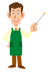 指し棒を持って説明するスーパーマーケットの男性店員
