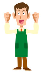 ガッツポーズするスーパーマーケットの男性店員
