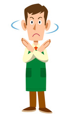 手で拒否の意思を示すスーパーマーケットの男性店員
