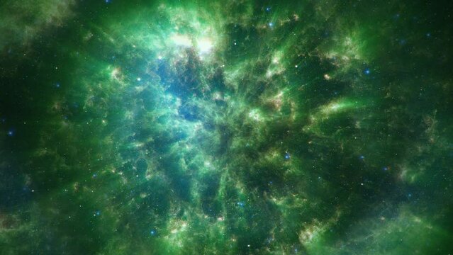 Seamless loop Space flight into glowing green cloud  Nebula star field expansive emission nebula. 4K 3D Flight Through Space With star field, Galaxy and cloud Nebulae. Elements furnished by NASA image