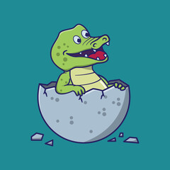 
cute crocodile out of egg shell, suitable for children's books, birthday cards, valentine's day, stickers, book covers, greeting cards, printing.