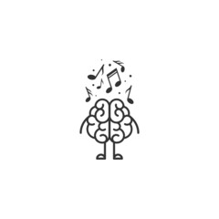 Gray line brain with music notes icon. Intellect, phsychology, knowledge simple pictogram isolated on white. listening audio book. Art therapy
