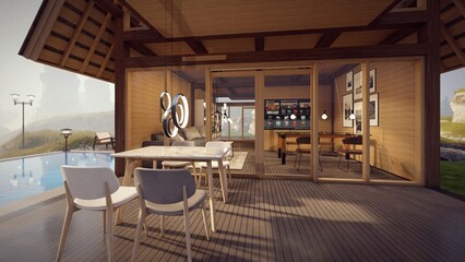 lounge on the swimming pool wooden deck.wooden house, large window and door, hill view.3d rendering