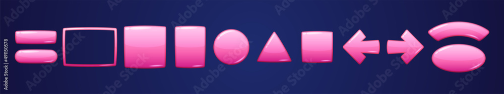 Poster glossy pink geometric buttons for user interface design in game or mobile app. vector cartoon set of