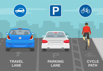 Safety car driving and traffic regulation rules. Road with protected parking bike lane. Signs and road markings meaning. Back view of sedan cars and cyclist. Flat vector illustration template.