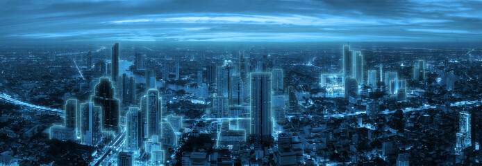 Cyberpunk Cityscape with Cyan Neon lights, a night scene with tall buildings.