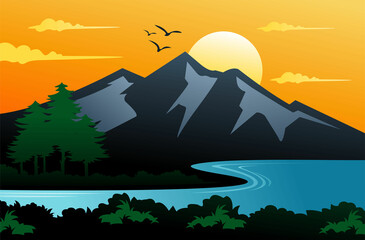 nature lake with mountain landscape illustration vector