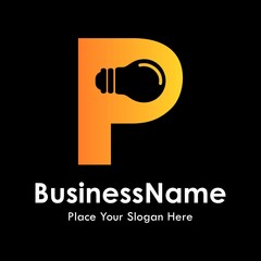 Alphabet letter P lamp with black background vector logo template. suitable for business, education, technology and arts