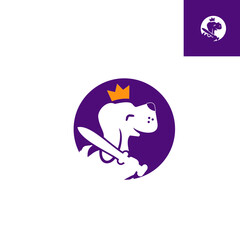 Puppy wearing a knight's crown and sword logo