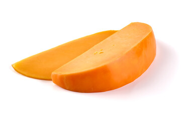 Piece of Cheddar cheese, isolated on white background. High resolution image.