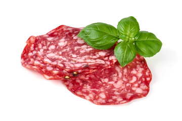 Italian Salami with basil leaves, isolated on white background.