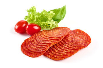 Chorizo sausage, thin cut. Spanish salami, close-up, isolated on white background.