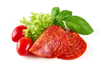 Chorizo sausage, thin cut. Spanish salami, close-up, isolated on white background.