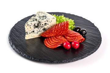 Italian antipasto, chorizo and brie cheese, isolated on white background.