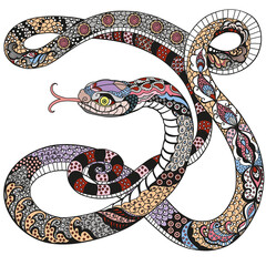 peaceful snake. Decorative floral serpent. Chinese zodiac astrological sign. Celestial feng shui animal. Tattoo.  Isolated vector illustration