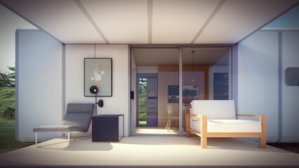 cozy terrace cabin or container house on cloudy atmosphere ,kalsy walls, iron frame, cozy terrace, green grass with trees and street.3D illustration
