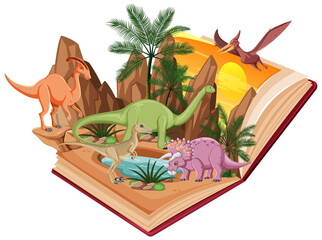 Book scene with many dinosaurs