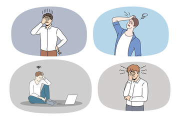 Collection of frustrated men feel distressed with mistake or error. Set of unhappy worried guy suffer from problems have frustration or confusion. Work stress and anxiety. Vector illustration. 