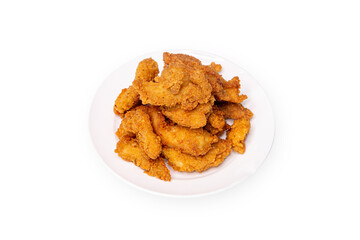 fried chicken pieces in white plate on white background