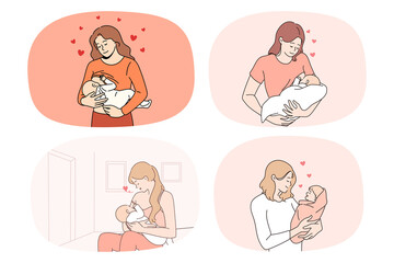 Collection of happy caring young mother with little baby infant in hands. Set of smiling loving mom with newborn excited with motherhood. Parenthood and maternity. Vector illustration. 