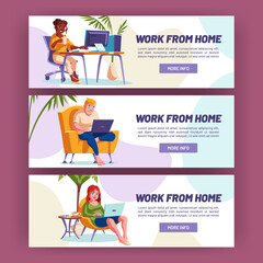 Work from home banners with people sitting in cozy chair with laptop. Vector horizontal posters of freelance, remote online job with cartoon illustration of men and women in home office