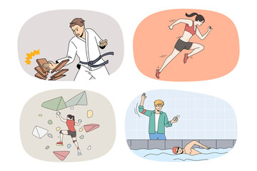 Collection of diverse sportsmen train workout for better results and performance. Set of men and women athletes exercise prepare for sport competition. Physical activity. Vector illustration. 